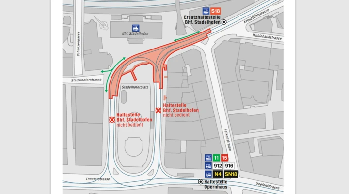 ein Kartenausschnitt der Stadt Zürich mit dem Bahnhof Stadelhofen