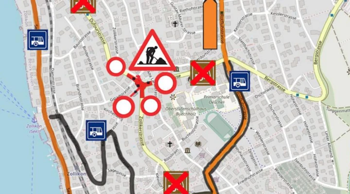 Kartenausschnitt der Gemeinde Zollikon mit eingezeichneten Sperrungen rund um den Dufourplatz