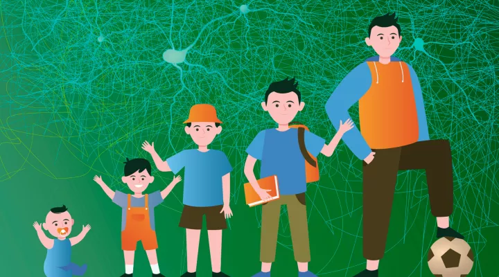 Abbildung: Entwicklung vom Säugling zum Jugendlichen, im Hintergrund neuronale Synapsen