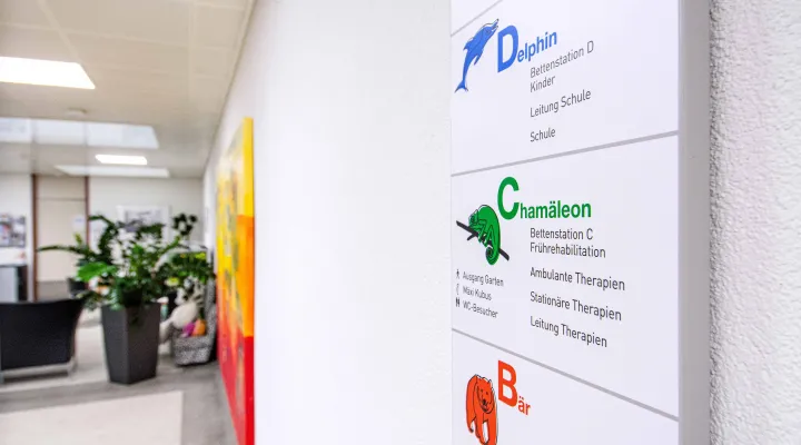 Übersichtsschild der Etagen B, C und D in der Kinder-Reha Schweiz