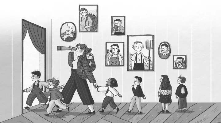 Eine Illustration mit mehreren kleinen Kindern, die durch einen Raum zu einer Tür gehen. An der Wand hängen Portraits von Kindern aus vergangenen Jahren.