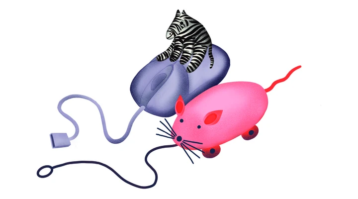 Eine Illustration einer Computermaus mit Zebra und einer Spielzeugmaus