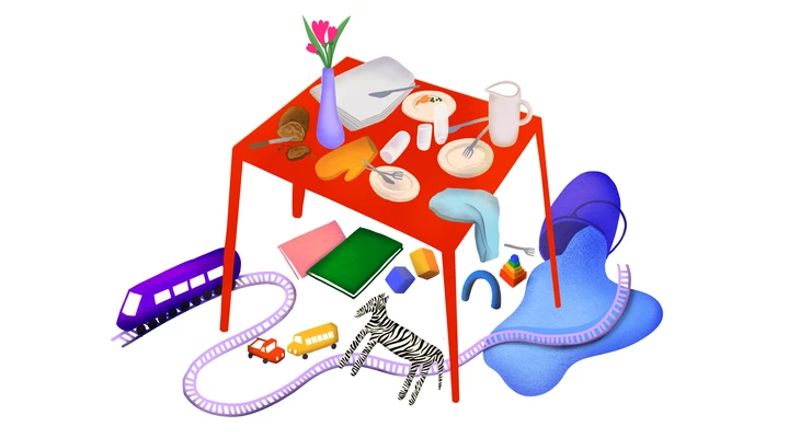 Eine Illustration eines vollen Esstisches und zahlreiches Spielzeug drumherum am Boden