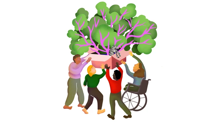 Eine Illustration mit vier Personen, die eine Kiste mit einem Baum und Zebra in die Luft heben