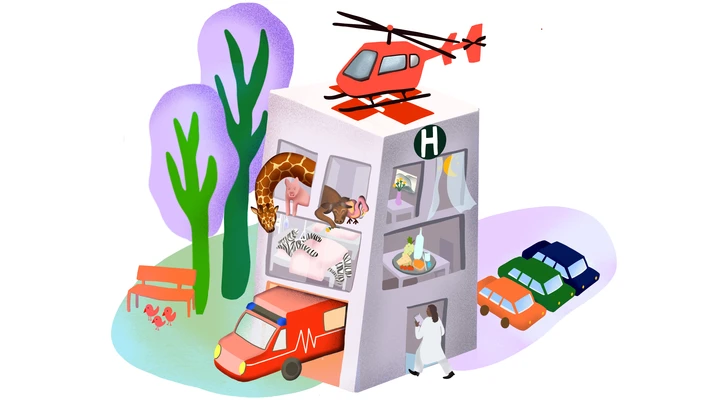 Eine Illustration eines Spitals mit Tieren, Ambulanz, Helikopter und Autos