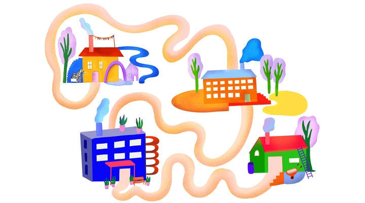 Eine Illustration, auf der verschiedene bunte Häuser mit einem Pfad verbunden sind
