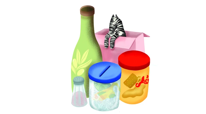 Eine Illustration zeigt eine Getränkeflasche, Salzstreuer, Sparbüchse, Keksdose und ein Zebra in einem Karton