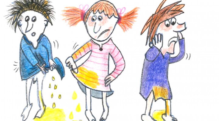 Drei gezeichnete Kinder, alle haben ein Problem mit Urin und haben auf den Boden gepinkelt.