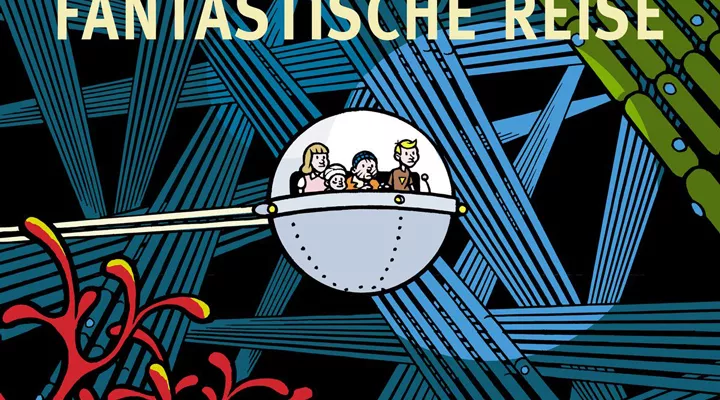 Vier gezeichnete Personen in einer Kugel, die durch eine fantastische Welt fliegt.