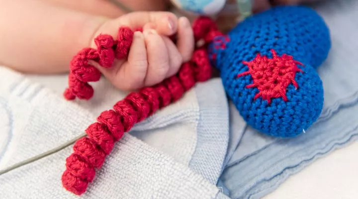 Ein neugeborenes Kind auf der Neonatologie hält ein gestricktes Herz in er Hand um den Greifreflex zu unterstützen