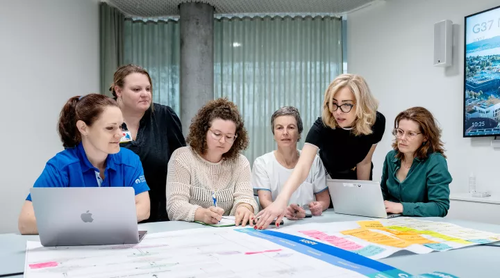 Team Pflegeforschung während einer Sitzung. v.l.: Patricia Luck, Rahel Kugler, Chantal von Siebenthal, Brigitte Seliner, Suzanne Dhaini, Barbara Wuggenig