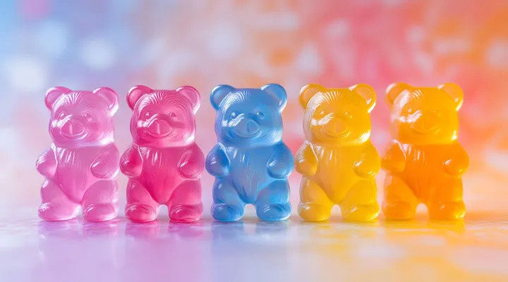 Regenbogenfarbene Gummibärchen stehen nebeneinander aufgereiht