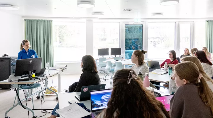 Eine Person erklärt etwas im Schulzimmer anderen Beteiligten vom Kurs