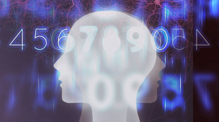 Ein menschlicher Kopf mit Neuronen und Zahlen