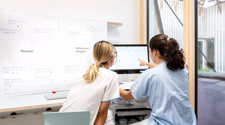 Pflegefachfrau und Ärztin bei einer Besprechung am Bildschirm