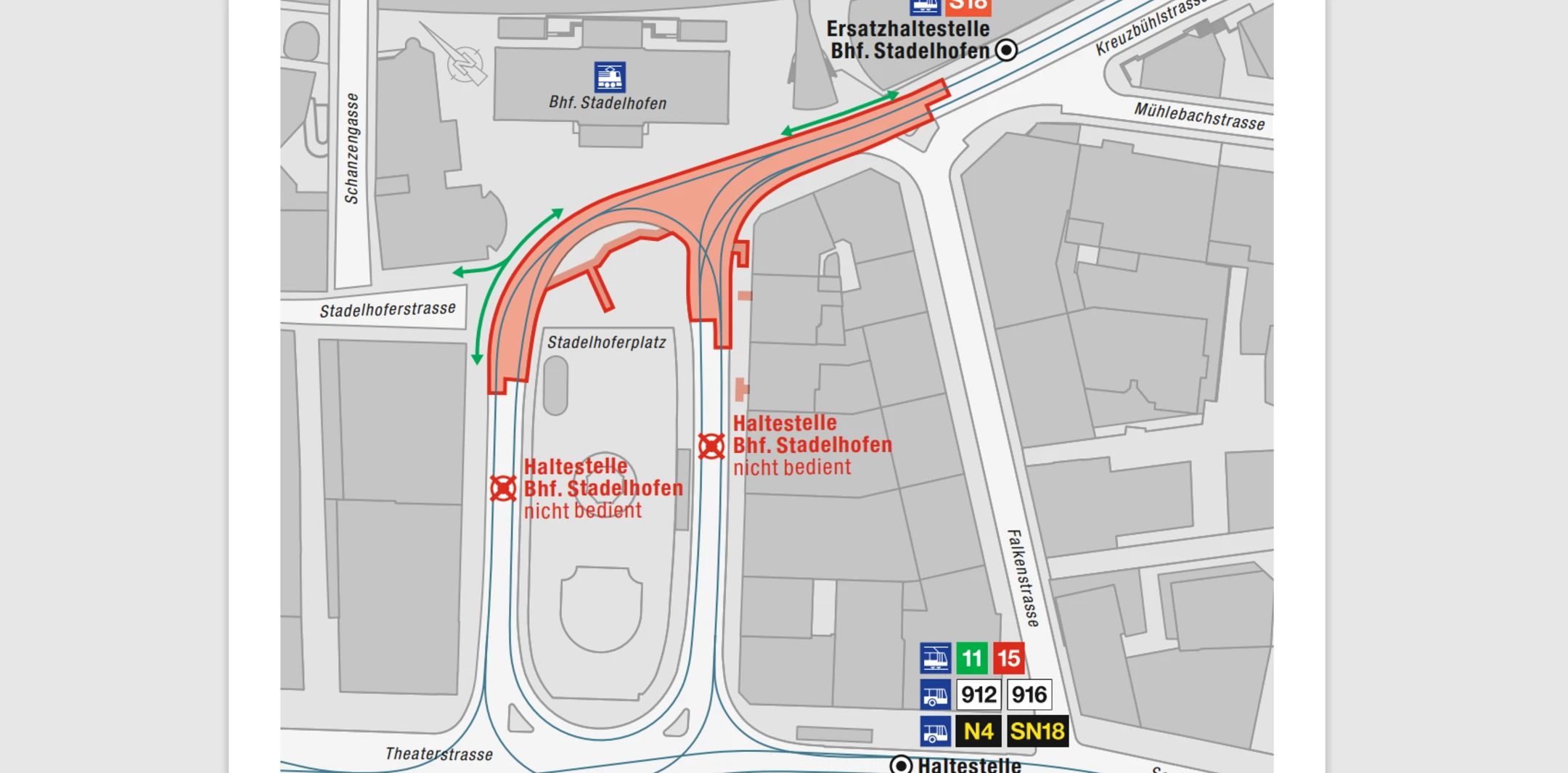 ein Kartenausschnitt der Stadt Zürich mit dem Bahnhof Stadelhofen