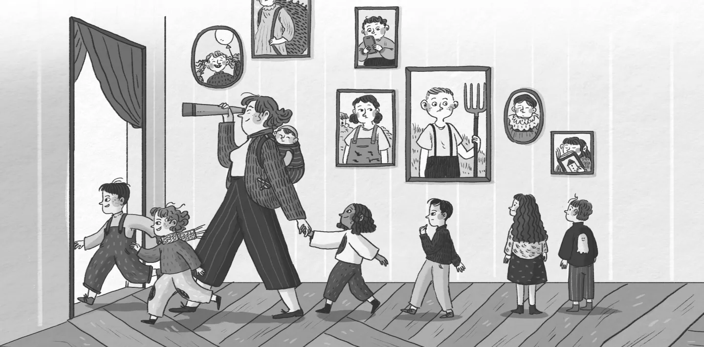Eine Illustration mit mehreren kleinen Kindern, die durch einen Raum zu einer Tür gehen. An der Wand hängen Portraits von Kindern aus vergangenen Jahren.
