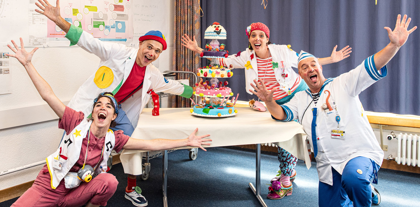Geburtstagsparty für 5 Jahre Clowns im Kinderspital mit Flippa, Dada, Knopf und Giga