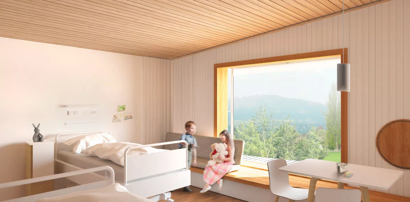 Neubau Akutspital Visualisierung 2. Obergeschoss: Patientenzimmer