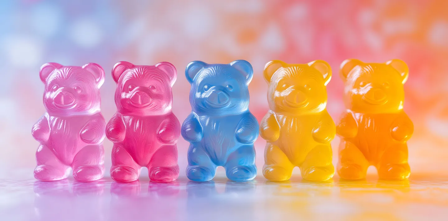 Regenbogenfarbene Gummibärchen stehen nebeneinander aufgereiht