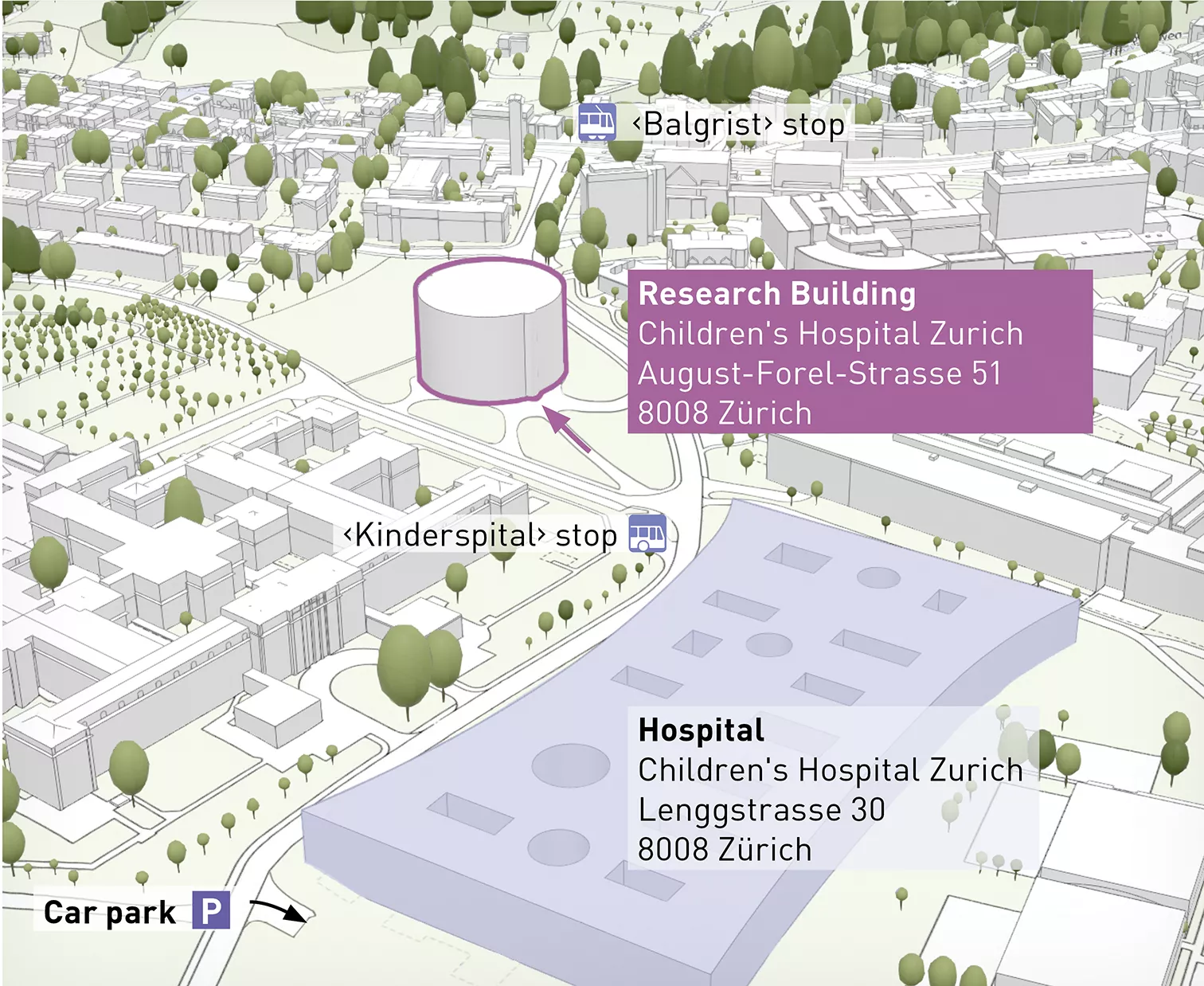 A map of the location of the research building of the Children's Hospital Zurich