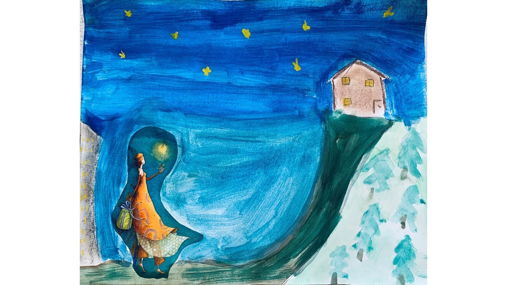 Ein mit Wasserfarben gemaltes Bild zeigt einen nächtlichen Sternenhimmel, ein Haus auf einem Berg und eine Figur mit Geschenken in der Hand.