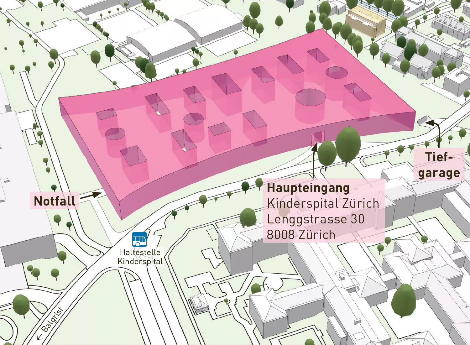 Lageplan des neuen Akutspitals des Kinderspitals in Zürich-Lengg