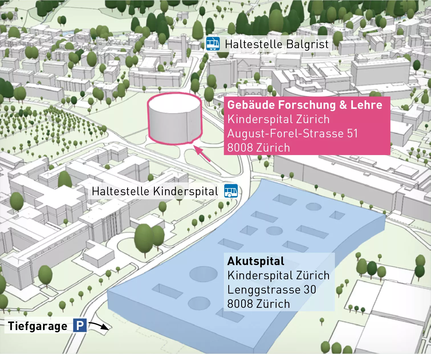 Lageplan des Gebäude für Forschung und Lehre des Kinderspitals in Zürich-Lengg