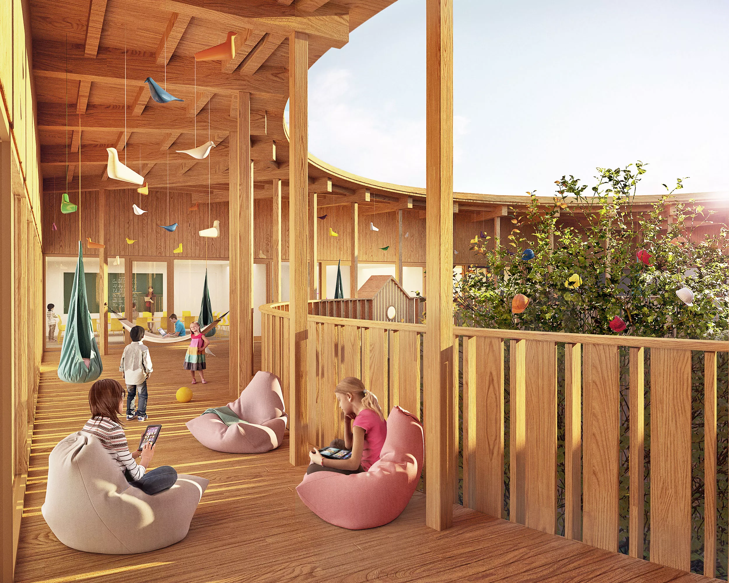 Neubau Visualisierung Akutspital Balkon mit spielenden Kindern