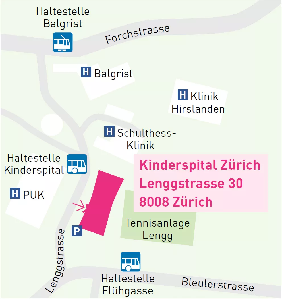 Treffpunkt Karte signalisiert Haupteingang Kinderspital in der Lengg
