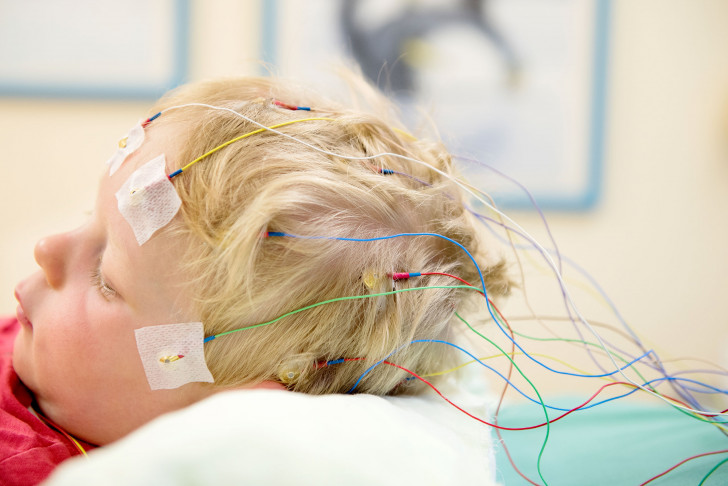 Kleiner Junge mit Elektroden auf dem Kopf und bereit für das EEG