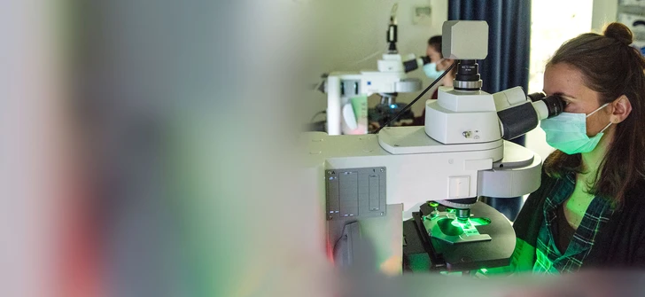 Zentrum für Pädiatrische Labormedizin (ZPL), Onkologie, Laborantin am Mikroskop